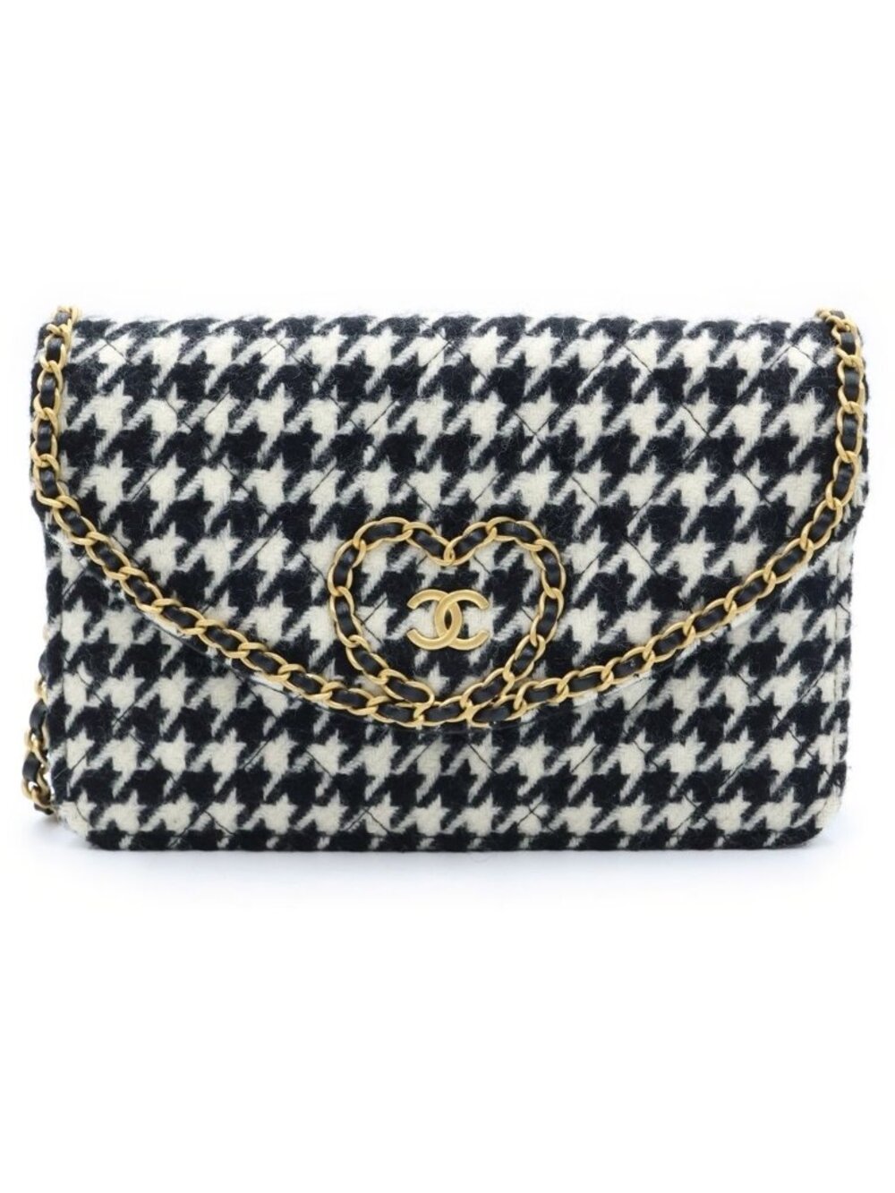 Chanel Wallet on Chain Heart Shoulder Bag Tweed Black White Houndstooth Gold